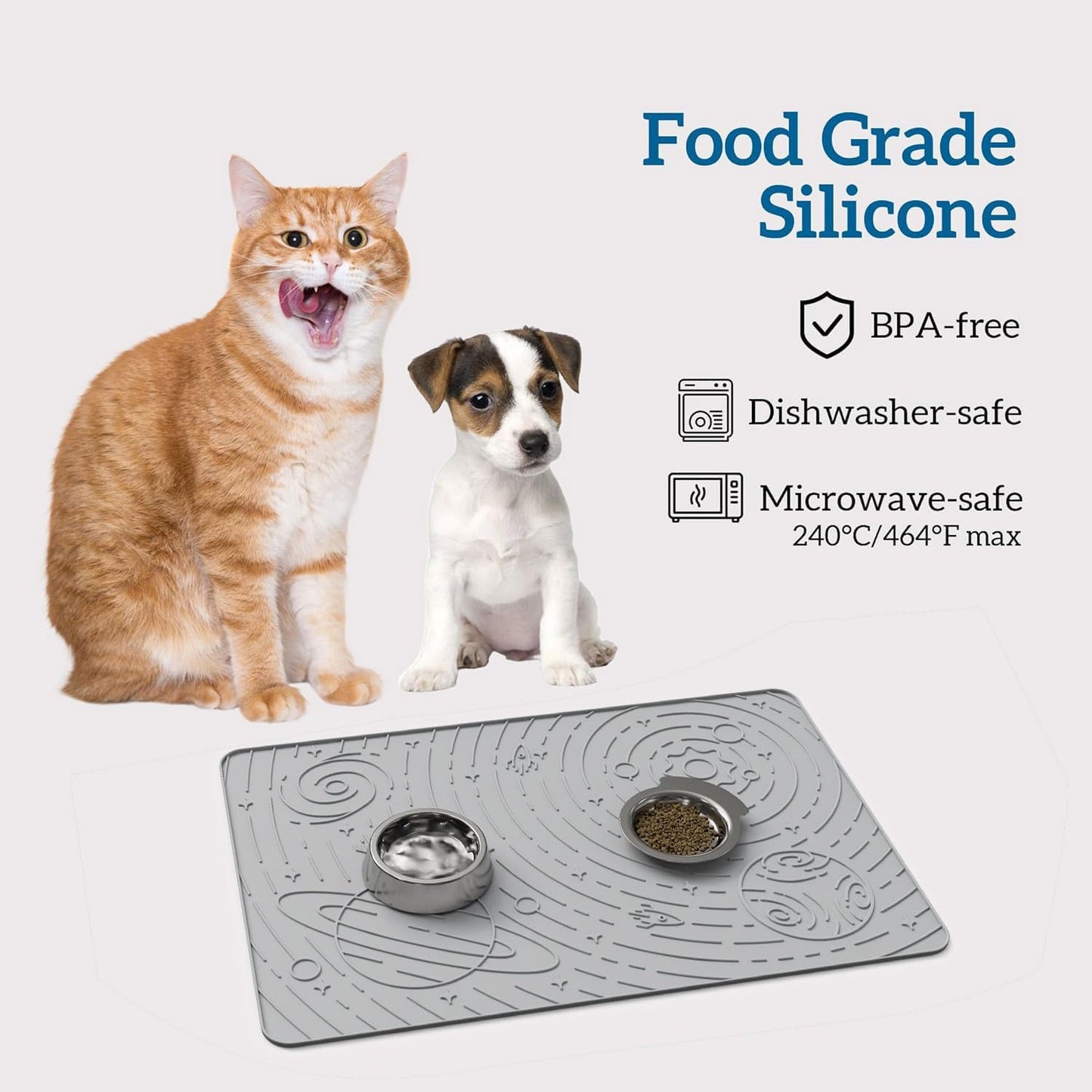 OHMO Dog Food Mat, Silicone Waterproof Cat Food Mat, Non-Skid Spill Proof Pet Feeding Mat for Food and Water, Easy to Clean Dog Placemat(Ash, 18.9" x 11.8")