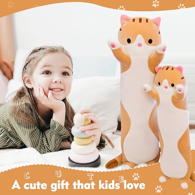 Long Cat Plush Pillow, 27.6in Cute Cat Plushie Stuffed Animals Body Pillow, Yellow Kawaii Kitten Soft Plushie Doll Toy Birthday Gift for Kids Girlfriend