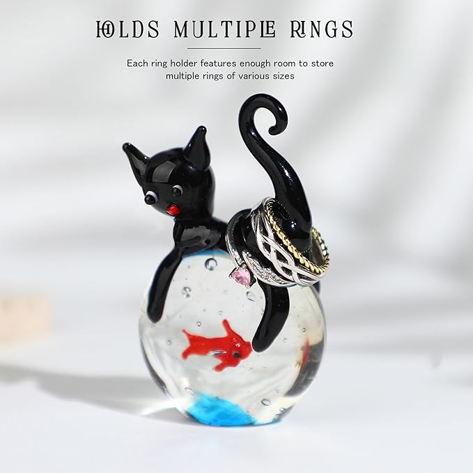 QFkris Blown Glass Black Cat Figurine, Mini Glass Animals Sculpture, Cat and Fish Art Collectible Figurines for Home Decor, Gift for Mom Cat-Lover Birthday Christmas