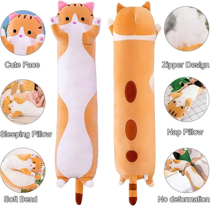 Giant Cat Pillow Plush Cartoon Kitty Sleeping Hugging Pillow, Cuddly Soft Long Kitten Body Pillow Doll Cat Cushion Toy for Kids Girlfriend (Yellow, 130cm/51.18inch)