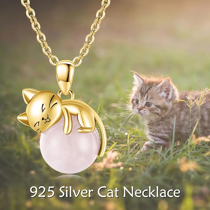Cat Necklace Sterling Silver Cat Pendnat with Rose Quartz Pearl Jewelry Gifts for Women Cat Lovers
