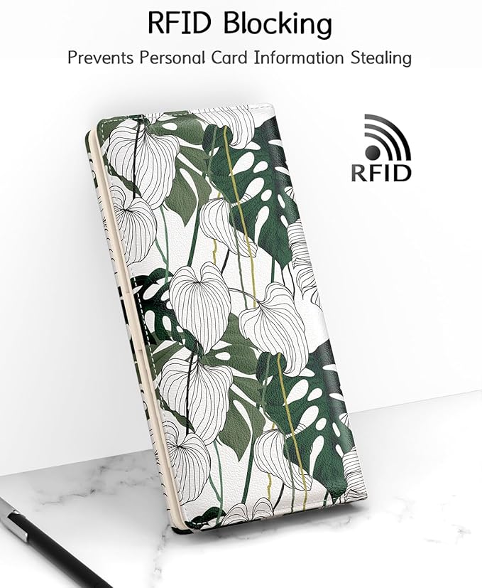 Nipichsha Womens Wallet, RFID Slim Wallets for Women, Thin Ladies Credit Card Holder Purse, Cute Leather Bifold Clutch Billfold with 11 Card Slots & ID Window, Monstera Deliciosa