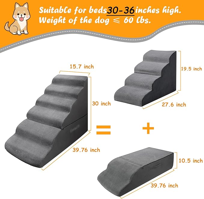 Dog Stairs&Steps for 30 Inches Tall High Bed, Pet Dog Ramp Ladder for Small Medium Dogs, Doggie, Old Cats, Kitty, Small Animals(Grey, Up to 30-36 Inch Tall Bed)