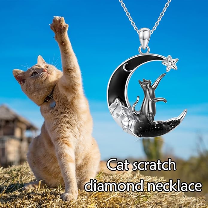 Sterling Silver Blue Topaz/Diamond Cat Pendant Necklace - Jewelry Gifts for Cat Lovers (18"+2")