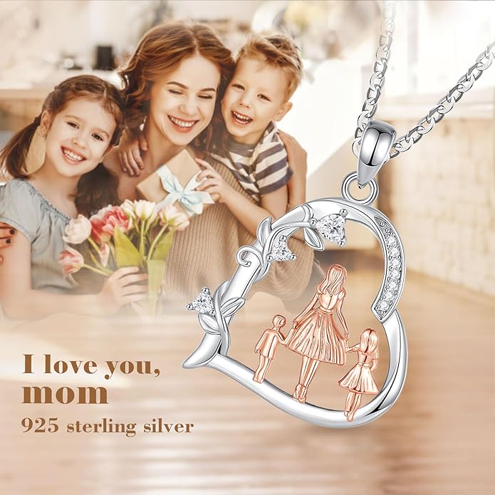 EUDORA Sterling Silver Mother Daughter Necklace for Women, Mama Son Daughter Necklace Pendant for Mom and Daughter,Mom Jewelry from Daughter Mother's Day Gift for Mother Daughter Aunt Grandma