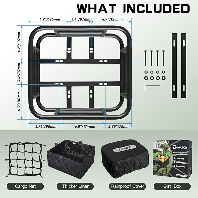 RAYMACE Rear Rack Bike Basket with Cargo Net and Liner Large Bicycle Basket Perfect Mount for Electric Bike