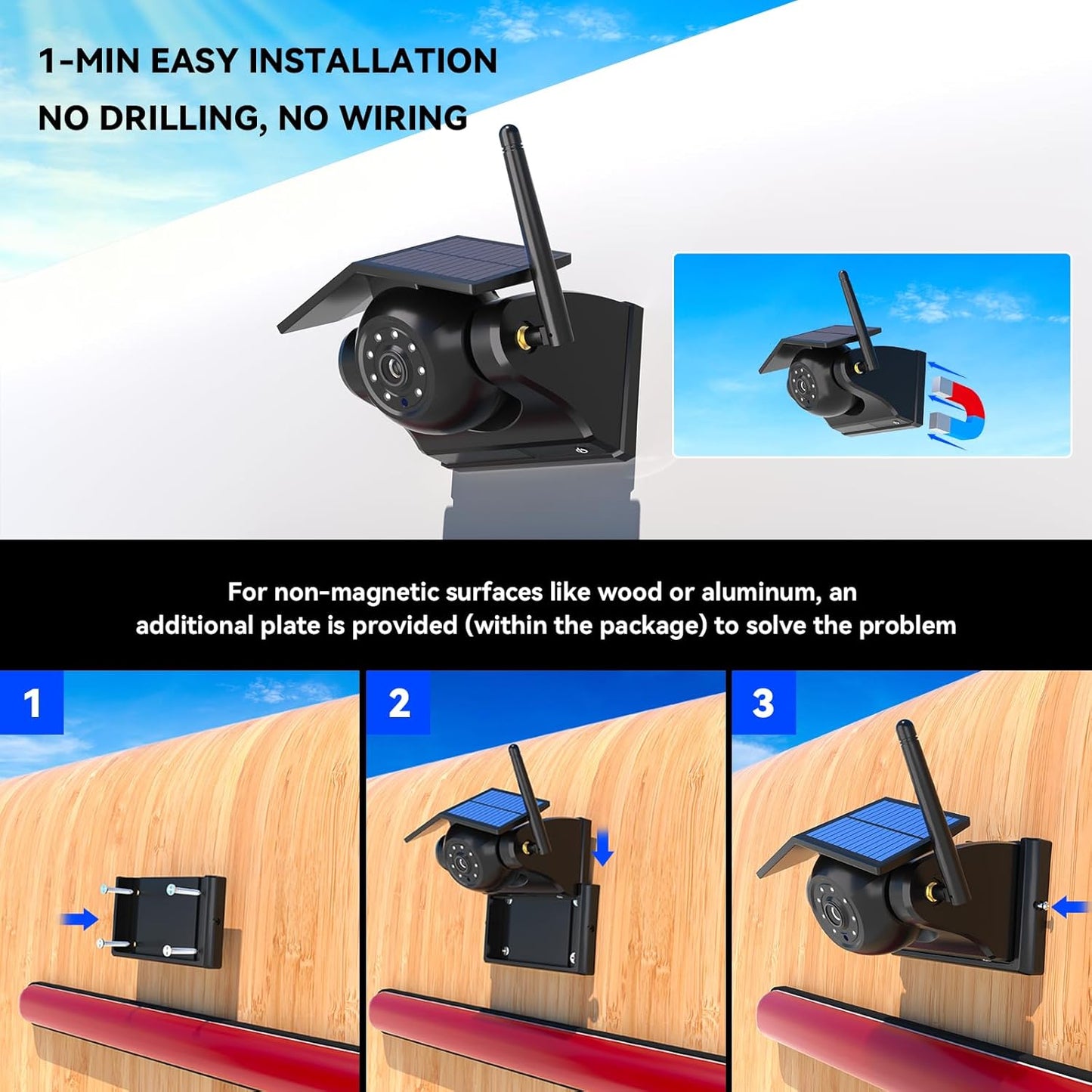 Magnetic Solar Wireless Backup Camera, 10000mAh Rechargeable Battery Powered Reversing Camera, 1-Min Easy Installation, App Control WiFi Backup Camera, for Trailer, RV, Truck, SUV, Van