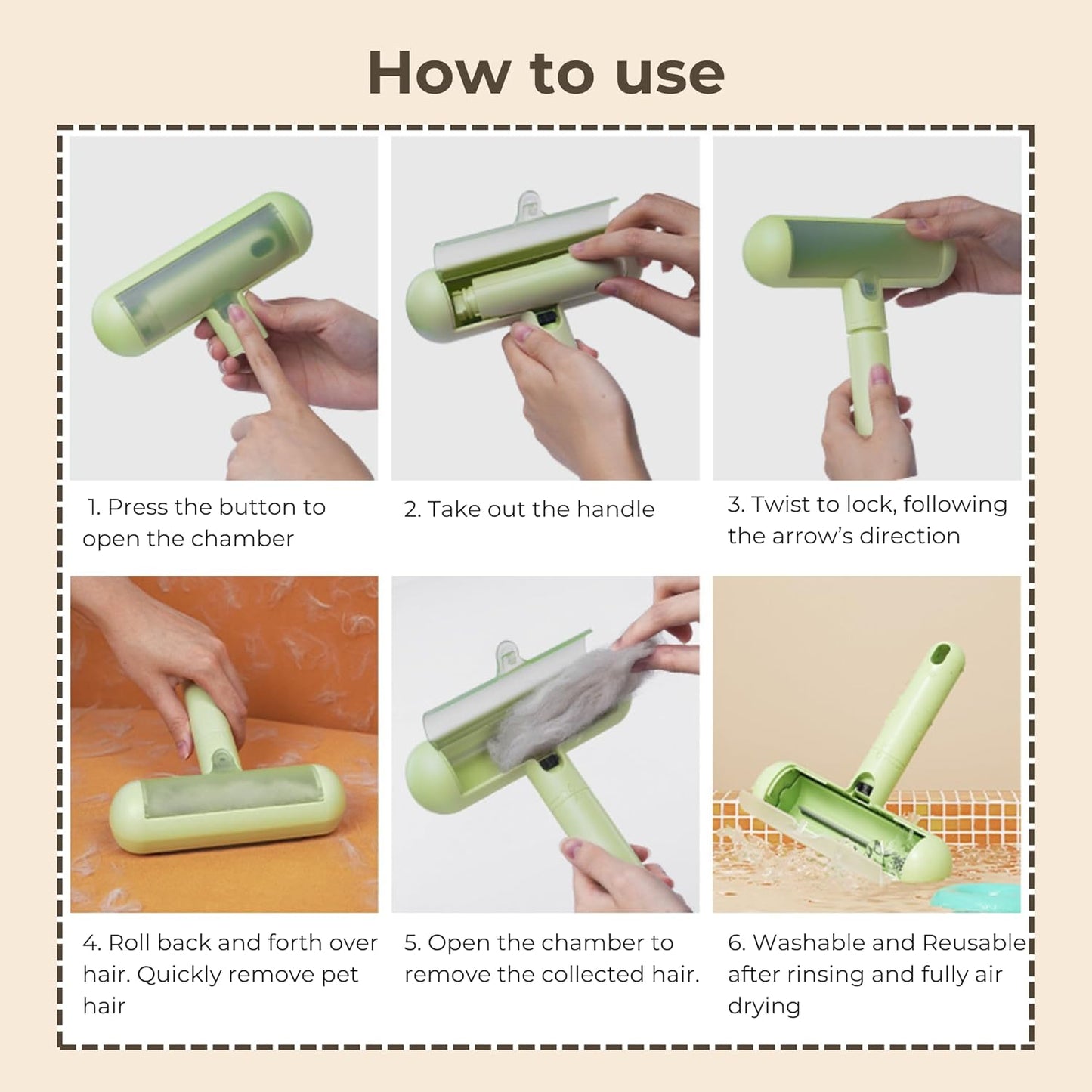 Reusable Pet Hair Remover - Lint Roller for Dog & Cat Fur - for Furniture, Carpet, Clothing - Detachable Handle (Apricot (Light Beige))