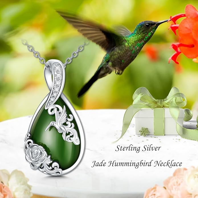 Green Jade Necklace Sterling Silver Teardrop Hummingbird/Dragonfly/Butterfly/Bee/Cat/Cardinal/Owl/Fox/Sloth Natural Jade Jewelry Birthday Mothers Day Christmas Gifts Women Mom Her
