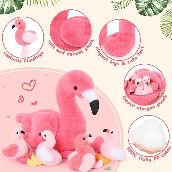 MorisMos Plush Flamingo Stuffed Animal-18 Inch Mommy Stuffed Flamingo with 4 Baby Bird Plush Toys Inside Zipper Tummy, Pink Bird Stuffed Animals Gift for Girl Women Decor Birthday Christmas Valentines