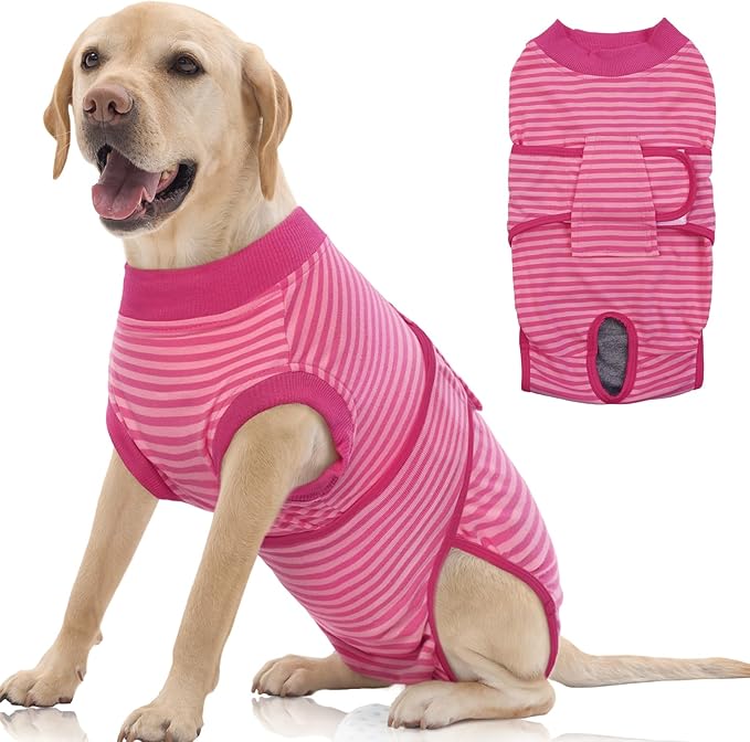 FUAMEY Recovery Suit for Dogs After Surgery,Soft Breathable Dog Bodysuit E-Collar & Cone Alternative Surgical Suit,Male Female Dog Neuter Spay Suits Anti Licking Wounds Onesie Rose Stripes XXL