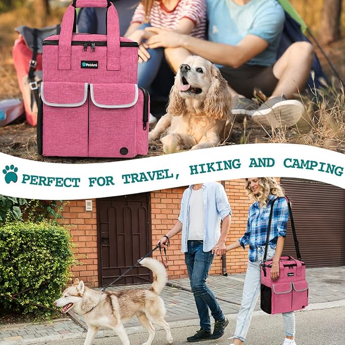 PetAmi Dog Travel Bag Pet Supplies Accessories Organizer for Traveling, Camping, Weekend; Cat Pet Travel Bag Kit Includes 2 Food Storage Containers, 2 Collapsible Bowls, 1 Feeding Mat (Pink)