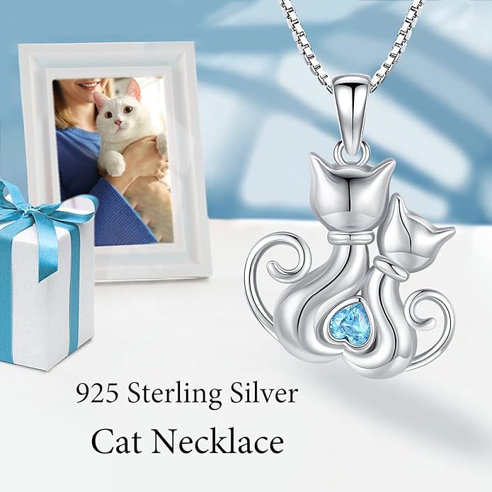 Odinstone Cat Necklace, S925 Sterling Silver Cat on Moon Pendant with Cubic Zirconia, Cat Jewelry Mothers Day Gifts for Mum with Gift Package - I Love You Forever