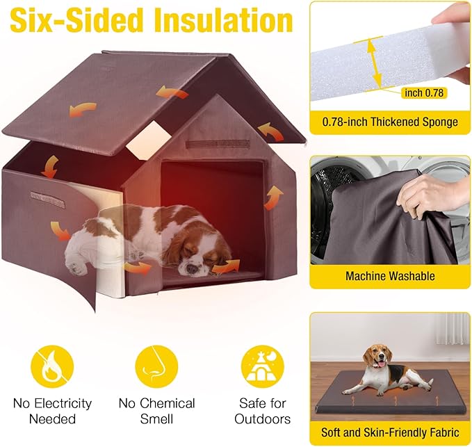 Outdoor Heated Dog House with All-Around Insulated Liner Weatherproof Puppy Shelter Indoor Dog Kennel, Anti-Bite Dog Home for Large Breed with Porch (Brown-2, 50.8" D x 37.4" W x 37.2" H)