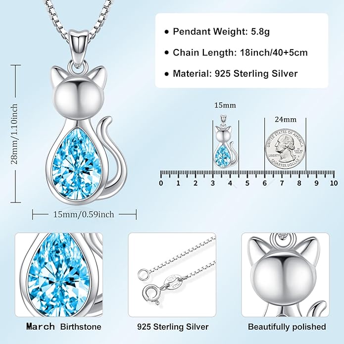 Odinstone Cat Birthstone Necklaces Jewelry Sterling Silver Cat Pendant Necklace Gift for Women Gifts, 18'' Silver Box Chain Women's Birthstone Crystal Cat Jewelry Gifts