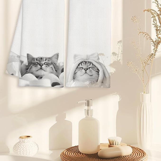 Funny Cat Decor Bathroom Hand Towels, Cat Lover Mom Lady Gifts, Cute Cats Kitty Bathrobe and Toilet Paper Decorative Hand Towels for Kids Bathroom Washroom Restroom, 16x24 Inch Set of 2
