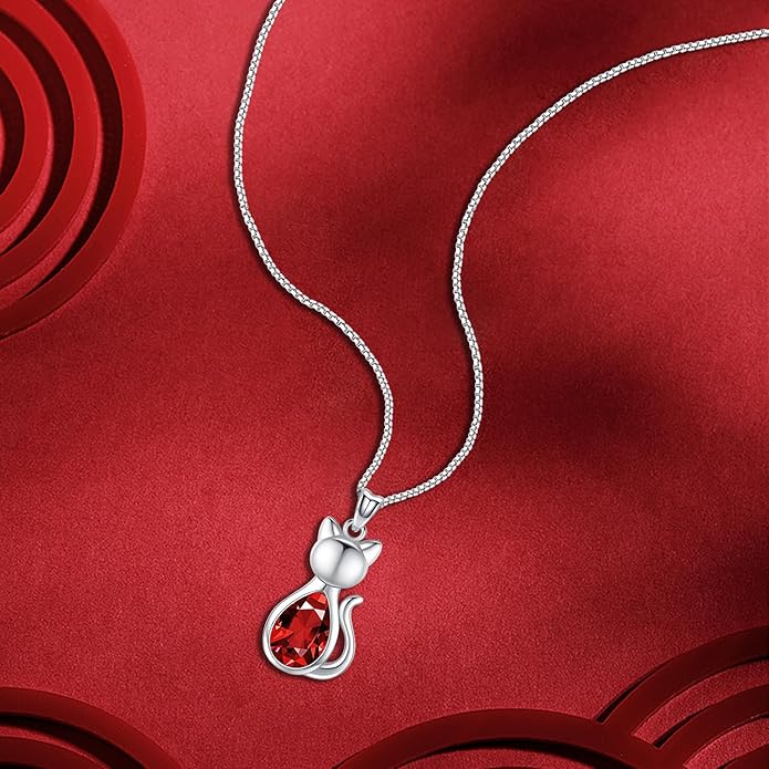 Odinstone Cat Birthstone Necklaces Jewelry Sterling Silver Cat Pendant Necklace Gift for Women Gifts, 18'' Silver Box Chain Women's Birthstone Crystal Cat Jewelry Gifts