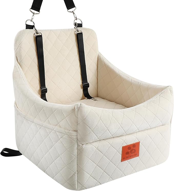 Dog Car Seat for Small/Medium Dogs, Dog Booster Car Seats with Thick Cushion for Dogs Under 35lbs, Detachable Washable Pet Carseat with Storage Pockets, 2 Safety Belts(Beige)