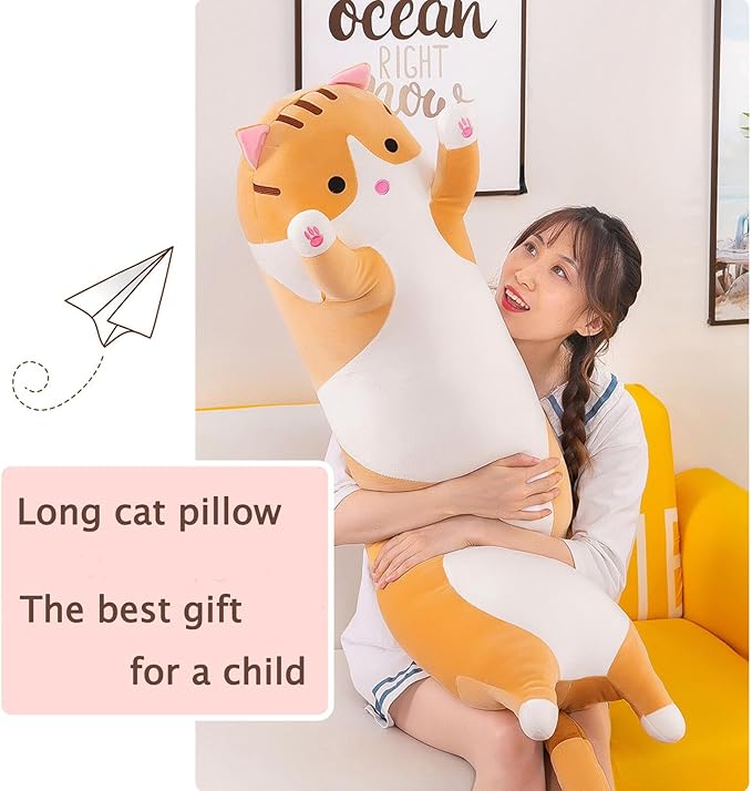 Long Cat Plush Pillow Soft Cat Hugging Pillow Stuffed Animal Pillow Cute Kitty Sleeping Throw Pillow Gift for Kids(130cm/51.18inch,Yellow