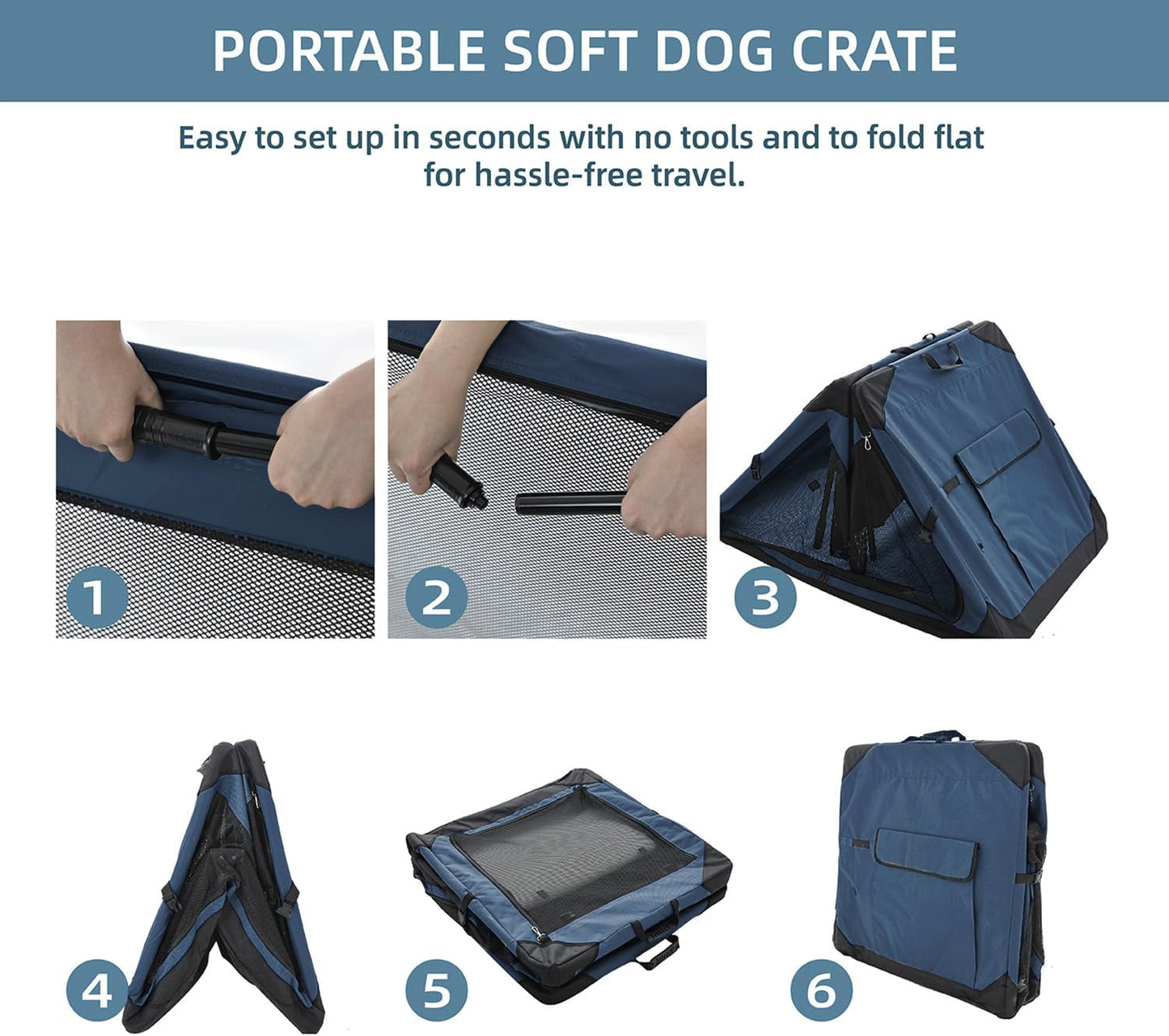 Pettycare 42 Inch Collapsible Dog Crate for Large Dogs, 4-Door Foldable Soft Side Kennel with Chew Proof Mesh Windows, Indoor & Outdoor Travel Crate, Navy Blue