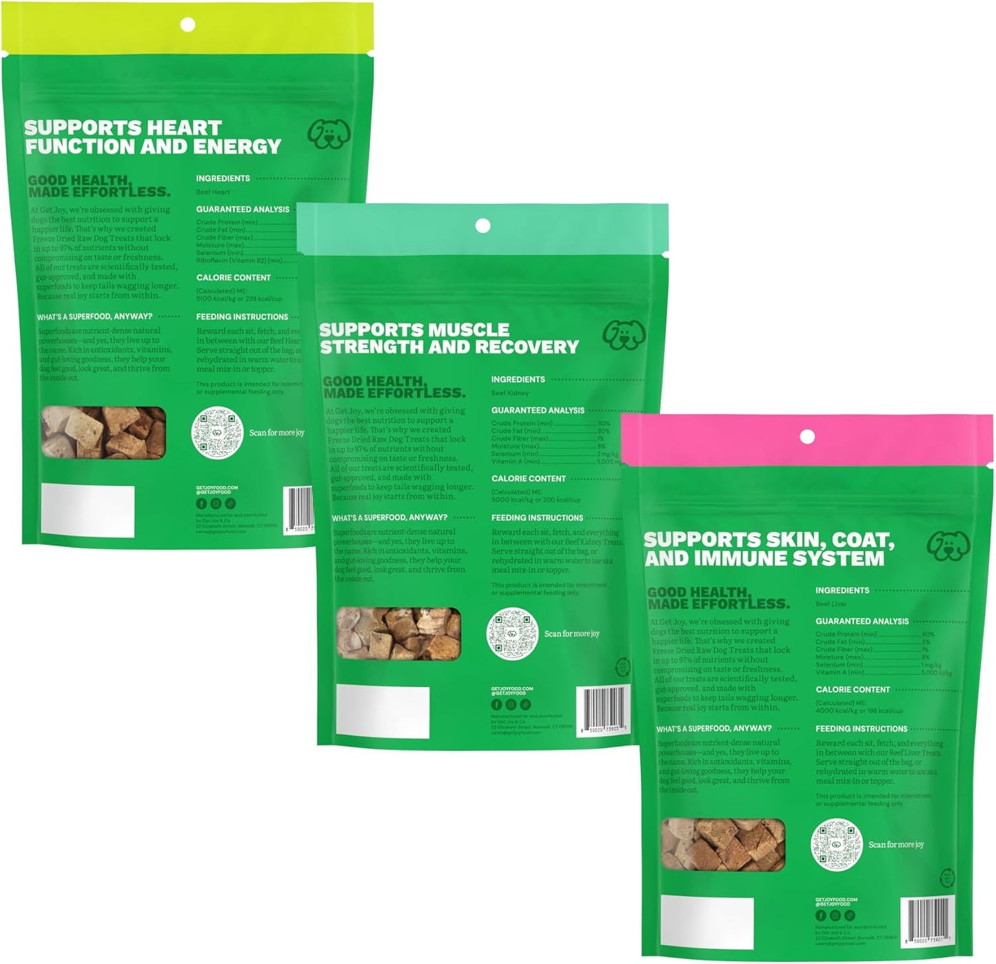 Get Joy Freeze Dried Superfood 100% Beef Heart, Kidney, Liver Dog Treats Variety Pack, 4 Ounce (Pack of 3), Single Ingredient Organ Meat, High Protein, Grain Free, Gluten Free, Made in USA