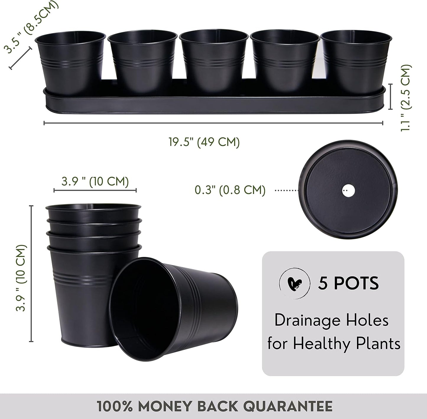 SCANDINORDICA Black Herb Planter – 5 Pots with Drainage Holes and Tray, Windowsill Planter, Herb Pots for Indoor Outdoor Plants | Kitchen & Garden Decor