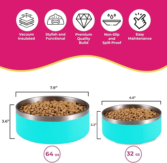 Dog Bowl - Vacuum Insulated Keeps Water Cool, Non-Slip Base, Easy Clean Interior, Durable Stainless Steel, Multiple Colors, Ideal for Travel, 32 Oz - Pet Bowl (Light Blue)