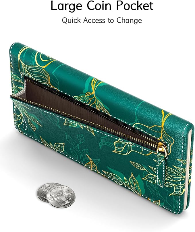 Nipichsha Womens Wallet, RFID Slim Wallets for Women, Thin Ladies Credit Card Holder Purse, Cute Leather Bifold Clutch Billfold with 11 Card Slots & ID Window, Luxury Green Leaf