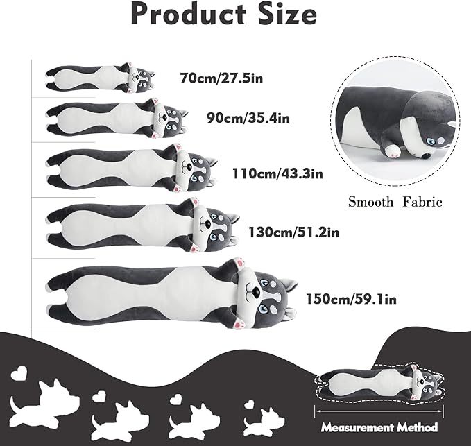Long Husky Plush Pillow, 51.1in Cute Dog Plushie Stuffed Animals Body Pillow, Kawaii Husky Soft Plushie Doll Toy Birthday Gift for Kids Girlfriend
