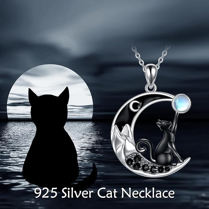 CRMAD Black Cat Necklace for Women Sterling Silver Moonstone Cat Jewelry Irish Gifts