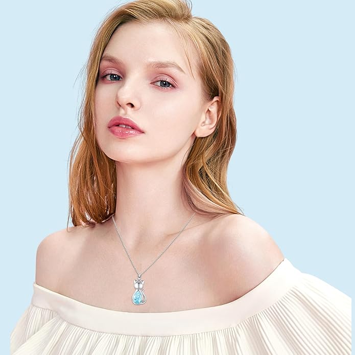 Odinstone Cat Birthstone Necklaces Jewelry Sterling Silver Cat Pendant Necklace Gift for Women Gifts, 18'' Silver Box Chain Women's Birthstone Crystal Cat Jewelry Gifts