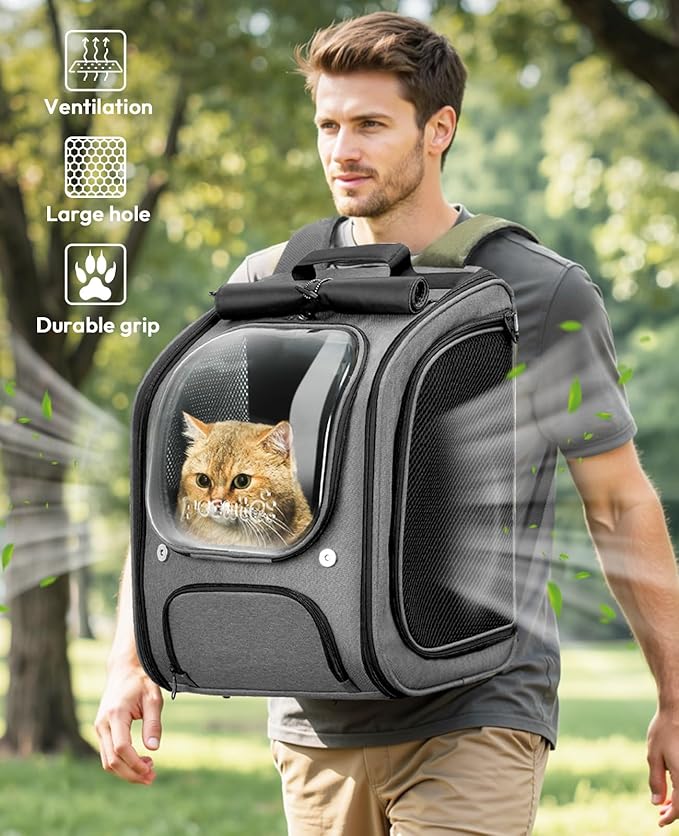 Pecute Cat Backpack Carrier, Large Space Cat Bubble Backpack, Breathable Cat Carrier, Shaded Dog Backpack Carrier, Ergonomic 3D Design for Travel, Hiking, Suitable for Shopping, and Vet, Gray