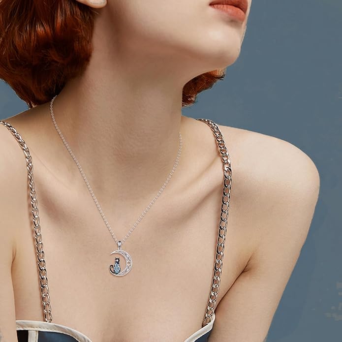 Cat Necklace Sterling Silver Cat Pendnat with Rose Quartz Pearl Jewelry Gifts for Women Cat Lovers