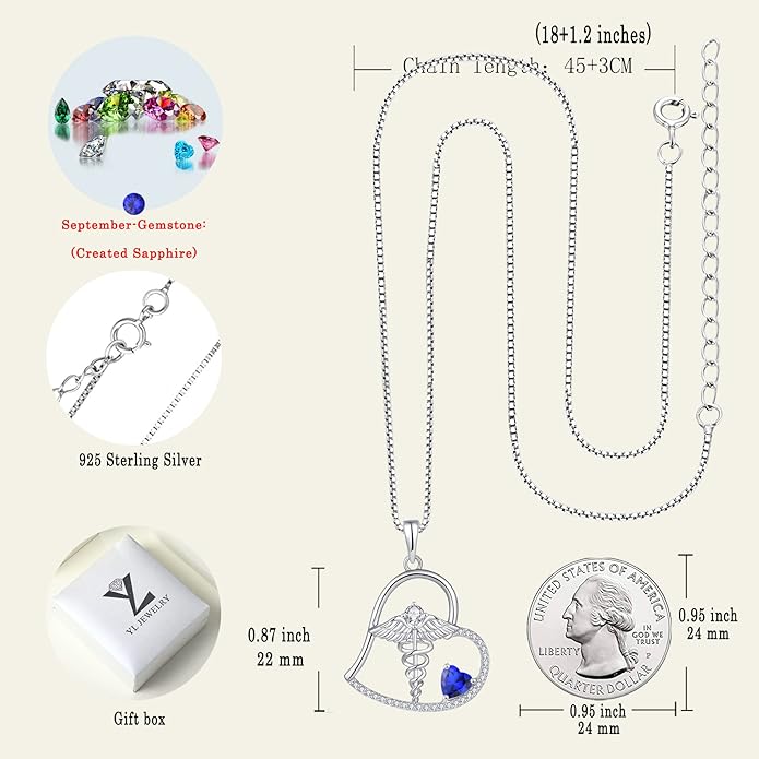 YL Caduceus Heart Necklace Sterling Silver Doctor Nurse Themed Pendant Gemstones Angel Wings Snake Jewelry for Women