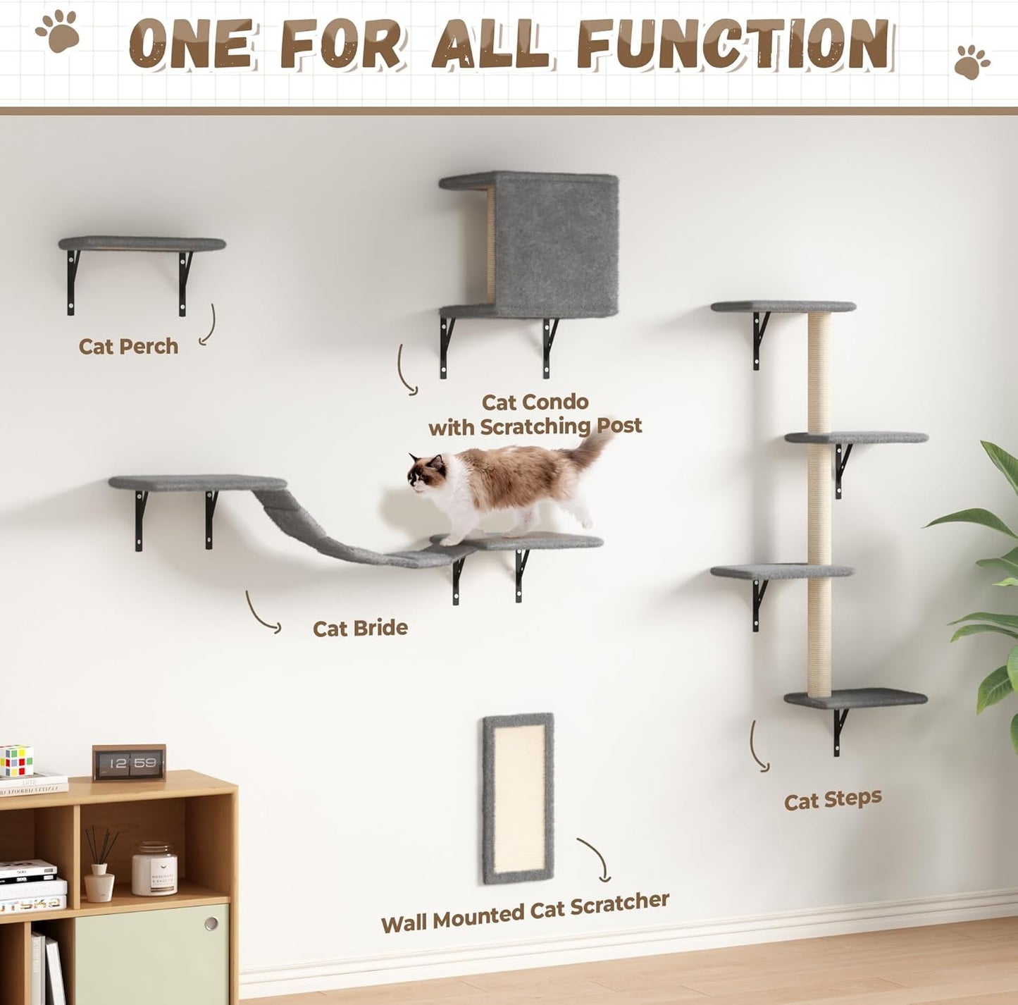 COZIWOW Wall Mounted Cat Furniture, Cat Wall Shelves and Perches, Floating Cat Shelves for Wall Set of 5 (Grey)