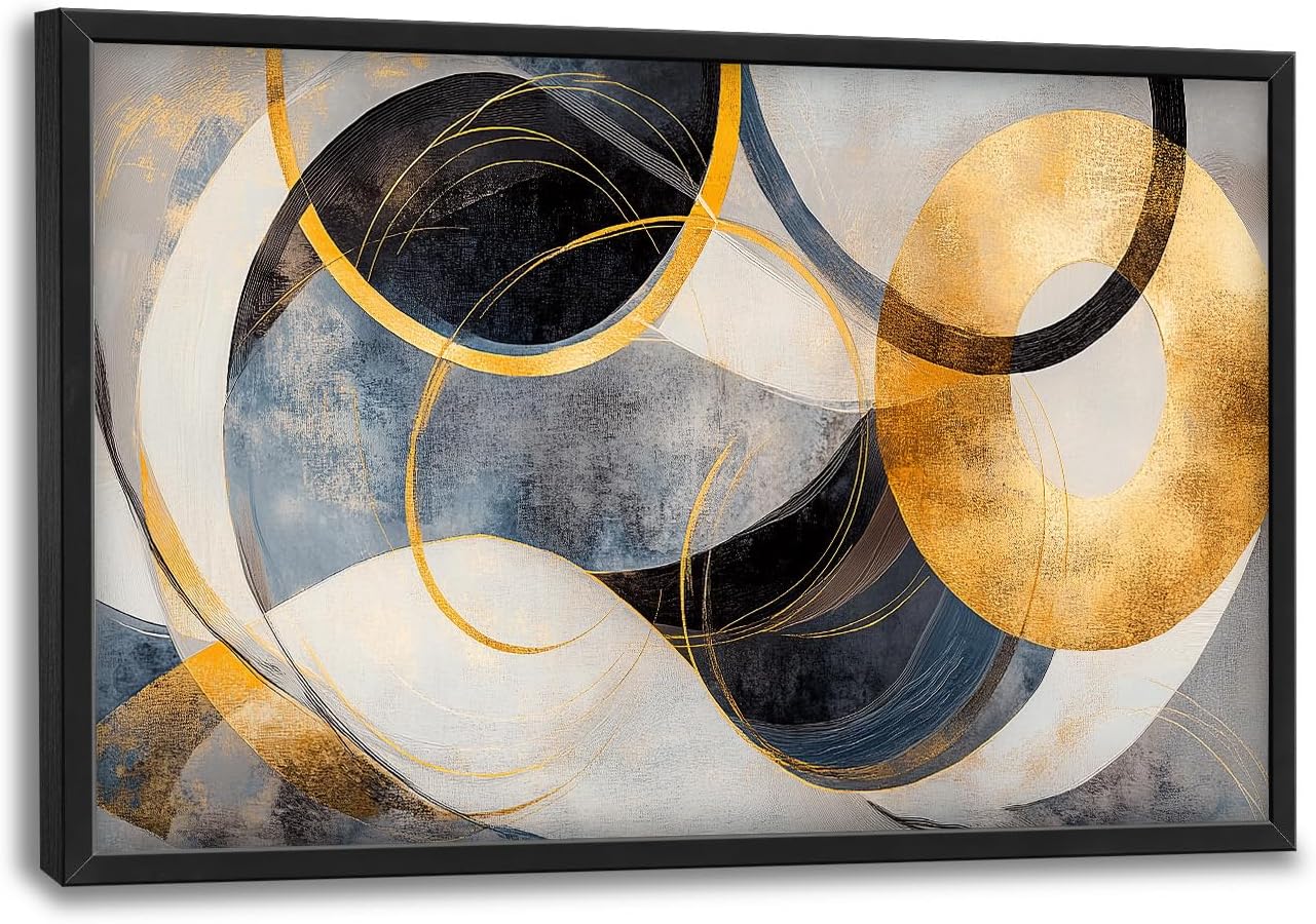 Large Abstract Wall Art for Living Room, Oversized Abstract Circle Wall Decor, Black and Golden Abstract Canvas Painting Modern Artwork Home Decoration for Living Room Bedroom Office Framed 36"x24"