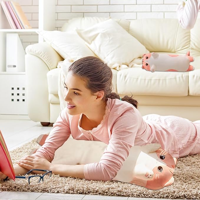 Cat Stuffed Animal Kids Body Pillow for Girls, Soft Cute Plushies Long Cat Hugging Body Pillows with Removable Zipper Cover, Pink Cat Plush Pillow for Cuddling Sofa Bed Décor