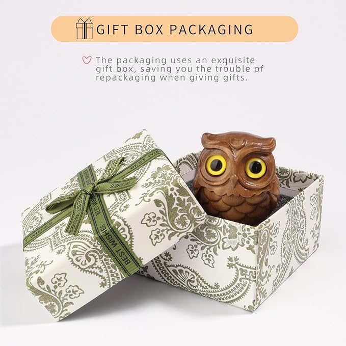Owl Wooden Figurine,Handmade Art Carved Miniature Animal Garden Statue Collectible,Gift Holiday Home Decor,for Office, Desktop, Bedroom, Living Room, Bookshelf Decoration
