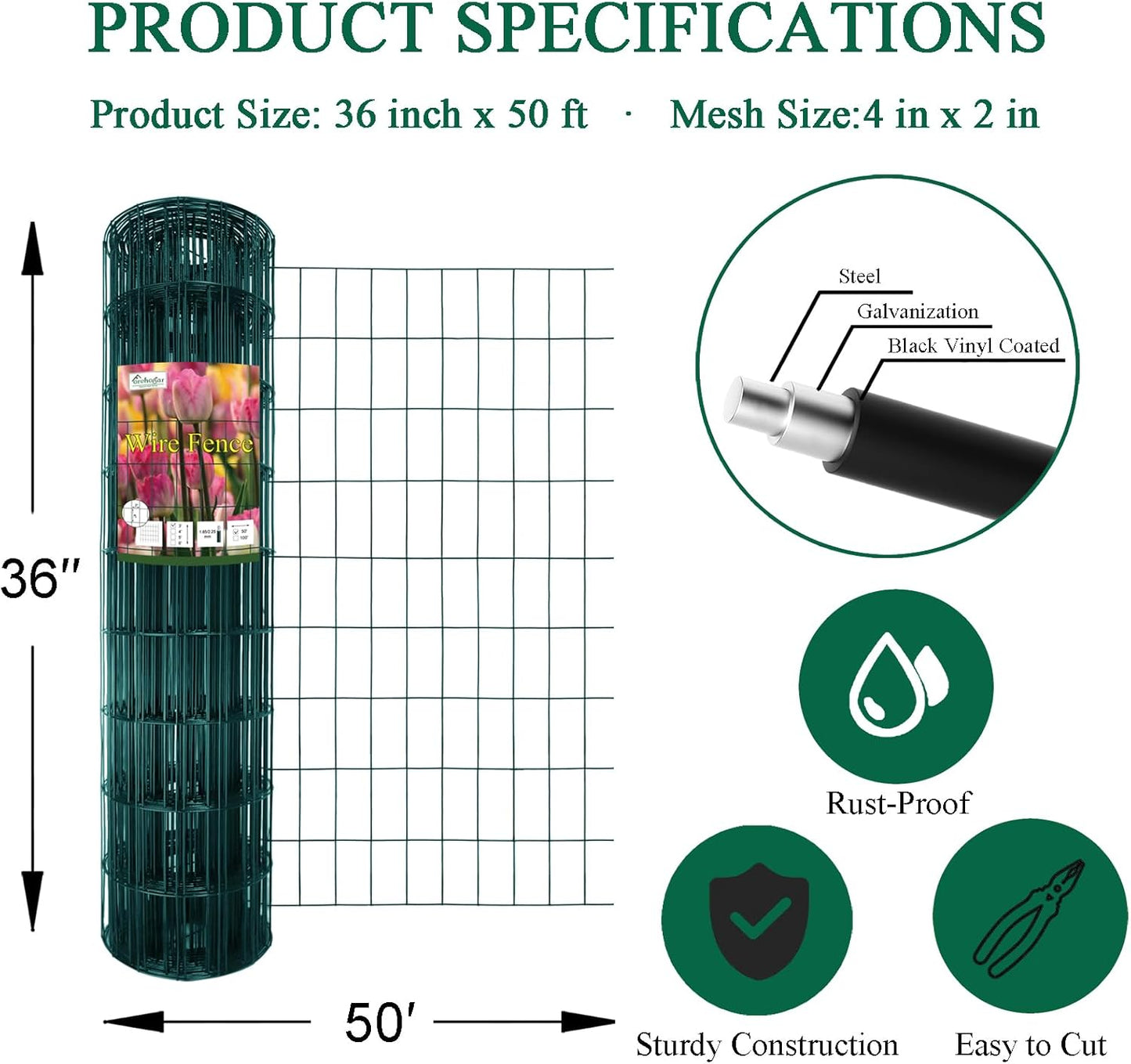 Green PVC Coated Welded Wire Fence 36 Inch x 50 Foot, 2 Inch x 4 Inch 14GA, Garden Border Fencing Roll Vinyl Coating Metal Wire Mesh Hardware Cloth for Yard Vegetable Plant Protection