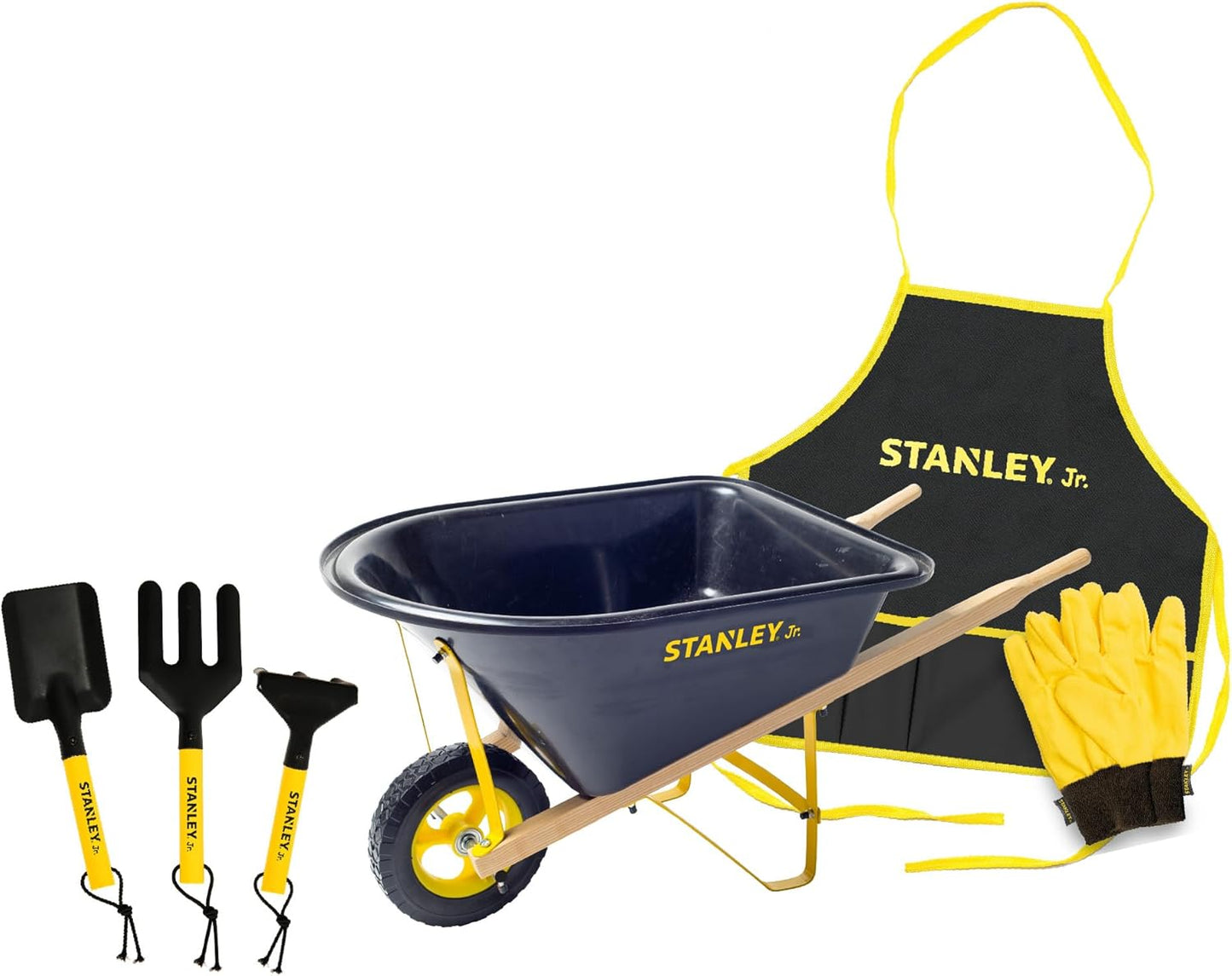 Stanley Jr. Kids Wheelbarrow Set – 6-Piece Durable Toddler Wheelbarrow & Garden Tools – Child Outdoor Toy for Ages 3+ – Fun, Educational Backyard Play with Apron, Gloves & Tools