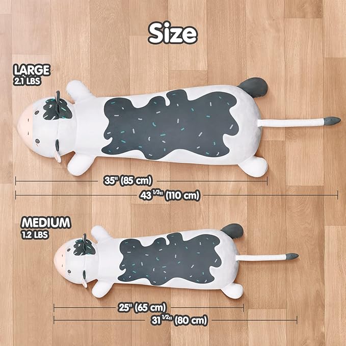 Cow Plush Body Pillow, 35" Kawaii Milk Cow Stuffed Animals Squishy, Cute Plushies Cuddle Pillow for Kids, Long Plush Toys, Birthday Gifts for Women, Girls and Males