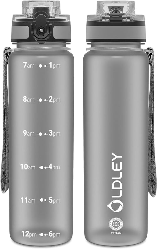 OLDLEY 32 oz Water Bottle, Motivational Water Bottle with Time Marker, Sports Water Bottle With Strap, Leakproof & BPA Free Large Water Bottles for School, Gym, Travel, Outdoor, Tritan,Gray