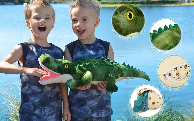 MorisMos Plush Alligator Stuffed Animal with Babies,23.6'' Mommy Stuffed Alligator with 3 Baby Crocodile Animals & 3 Plush Eggs,Lifelike Crocodile Toys for Kid 3-5 Birthday Decor