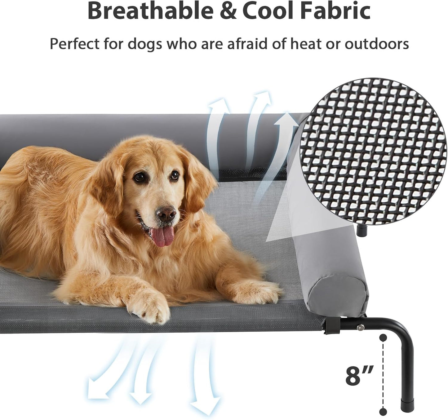 RRPETHOME Large Elevated Cooling Dog Bed, Raised Dog Cot Beds for Large Dogs, Elevated Outdoor Pet Cot, Chew Proof Portable Cooling Pet Cot with Skid-Resistant Feet and Breathable Mesh