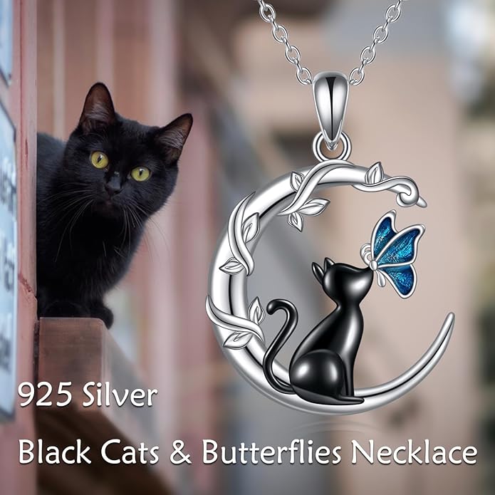 TIGER RIDER Moon Cat Necklace 925 Sterling Silver Blue Butterfly Black Jewelry Gifts Birthday Christmas Gifts for Women Wife Cat Lovers
