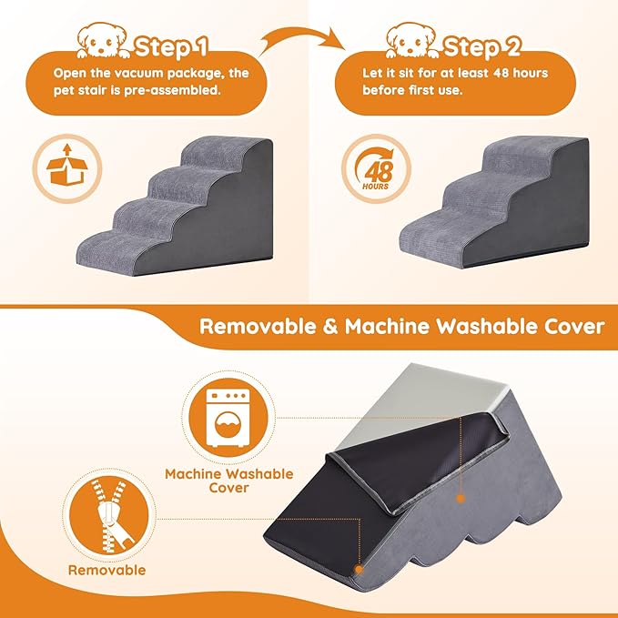Pet Stairs, Dog Stairs for Small Dogs, Dogs Steps, 3-Step Curved Dog Ramp for Bed, Couch, Sofa, Car and Chairs, Non-Slip Bottom Design, Cat Scratching Board, High Density Foam Portable Pet Step, Grey