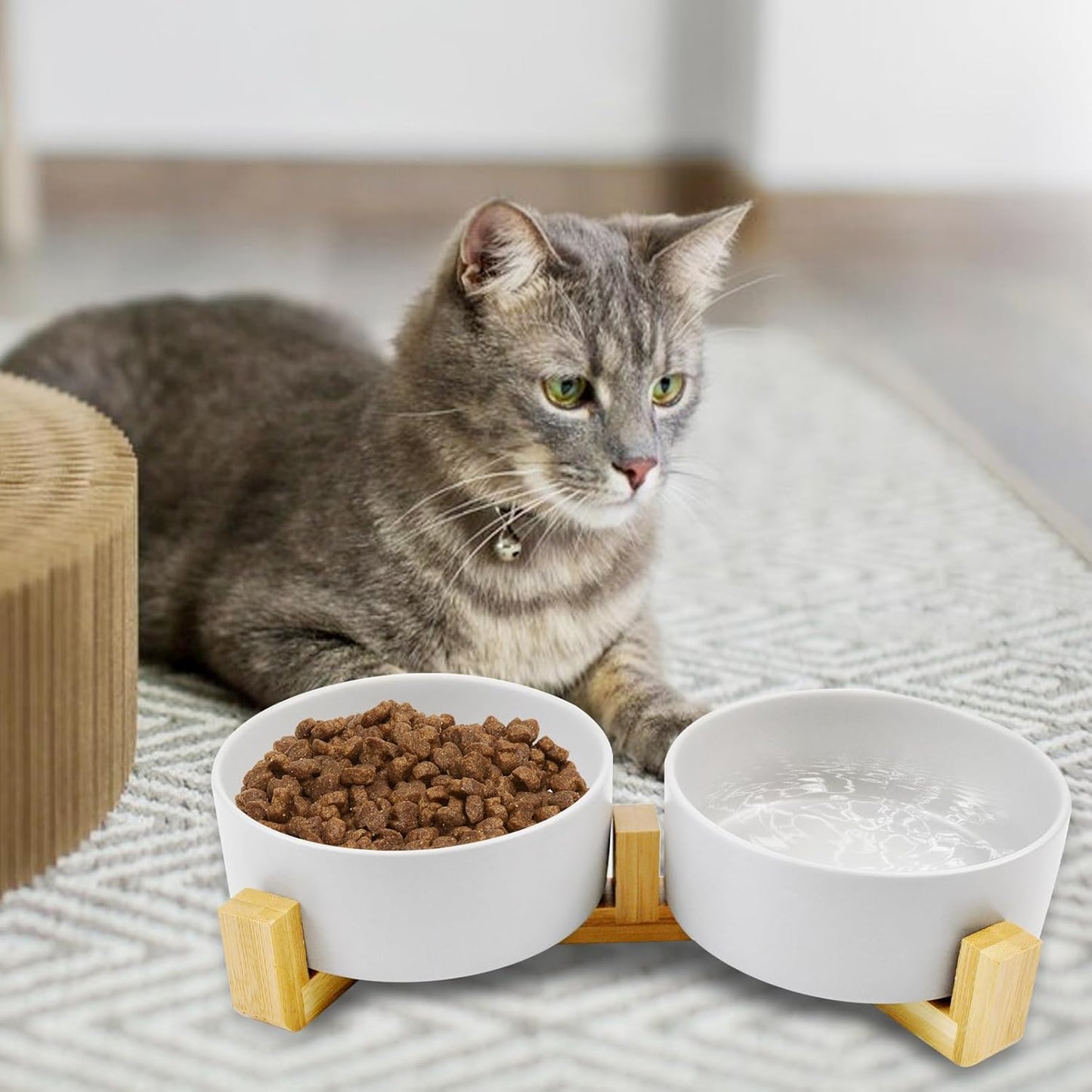 Ceramic Cat Bowls with Bamboo Stand,Non-Slip Small Dog Food and Water Bowl Set Non-Spill Cats Feeder Dish Modern Cute Weighted Cat Dishes for Small Dogs Puppy Cats Kitten(White)