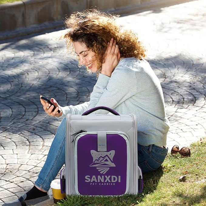 Expandable Pet Backpack, Cat Backpack with Breathable Mesh, Collapsible Soft Cat Travel Bag for Outdoor Hiking, Large Space Dog Backpack(Purple)