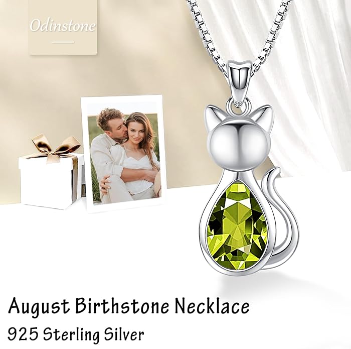Odinstone Cat Birthstone Necklaces Jewelry Sterling Silver Cat Pendant Necklace Gift for Women Gifts, 18'' Silver Box Chain Women's Birthstone Crystal Cat Jewelry Gifts