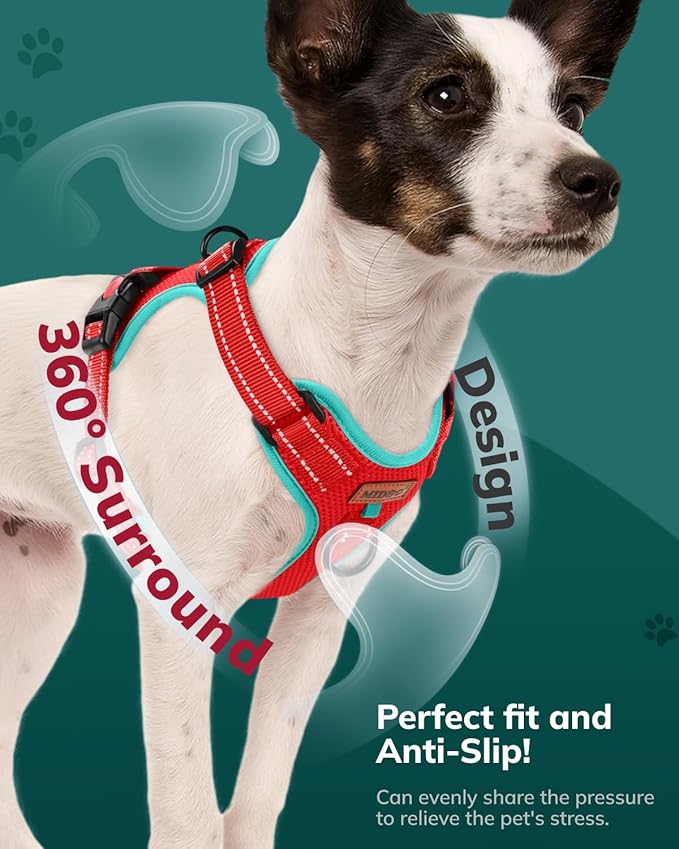 MIDOG No-Pull Dog Harness | Adjustable & Reflective Pet Harness Leash Set for Small Medium Large Dogs Walking, Training| No Choke, Front Clip, Soft Padded Vest with Easy Control Handle - Red, XS